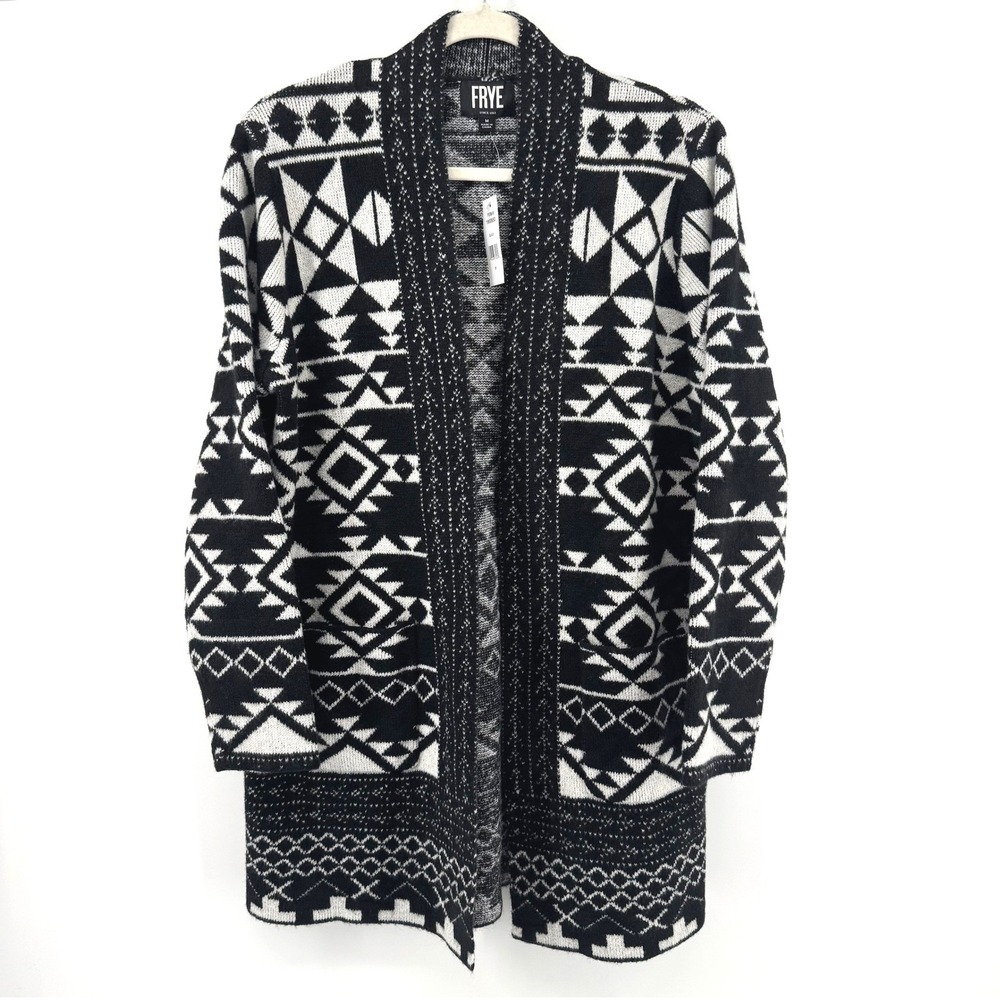 Frye Cardigan Women M Black White Geometric Tribal Knit Open Front Boho Western